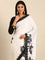 Black & white satin printed saree with hand embroidery & ready made blouse