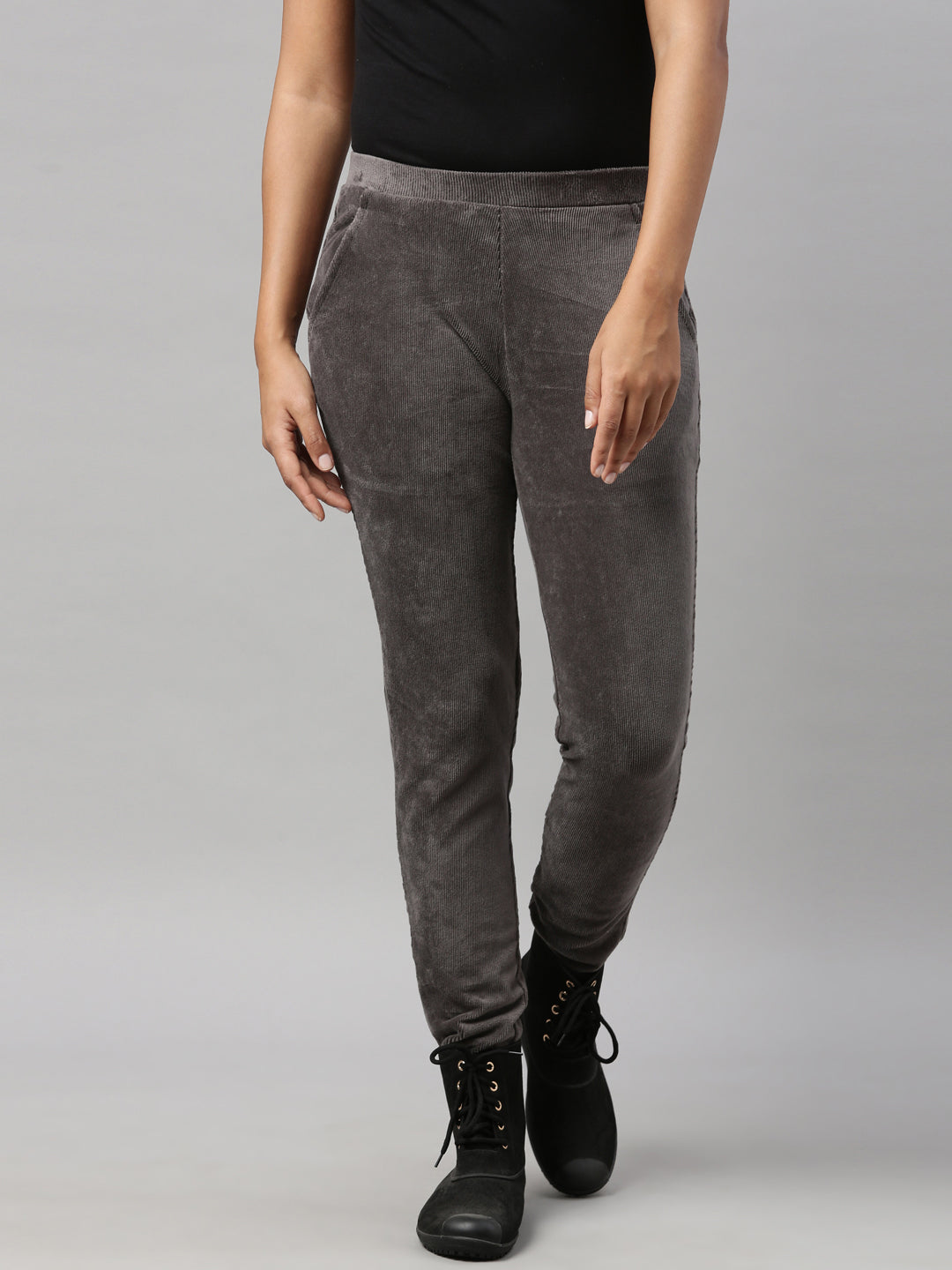 Women Solid Silver Grey Mid Rise Corduroy Treggings