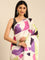 Cream & Purple printed satin saree with Swarovski embroidery