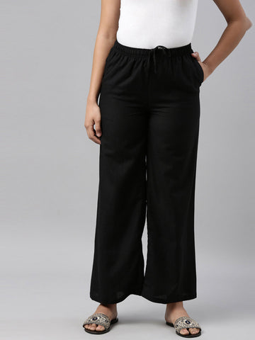 Women Black Solid Linen Palazzos