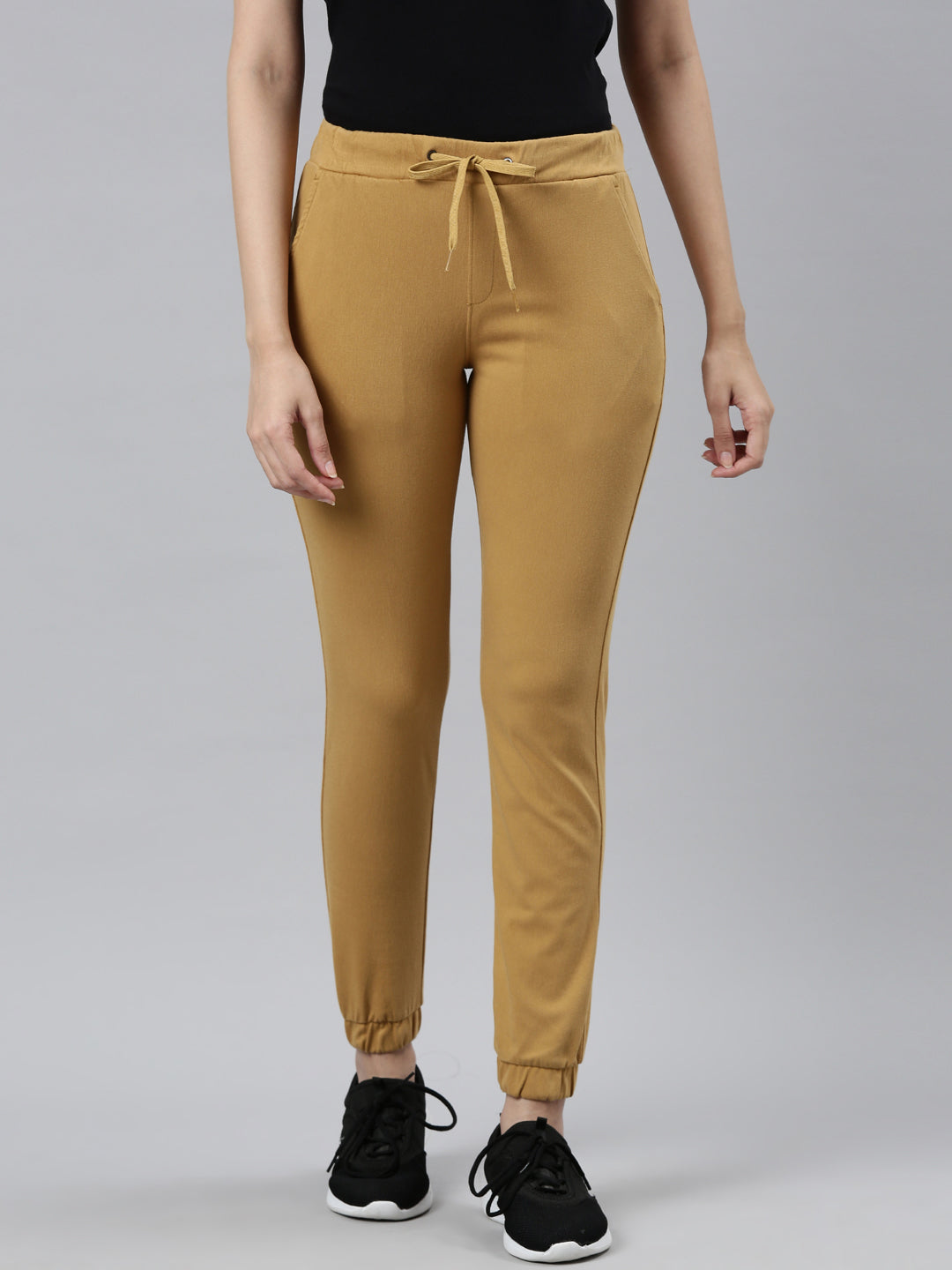 Women Solid Cotton Mustard Cuffed Joggers