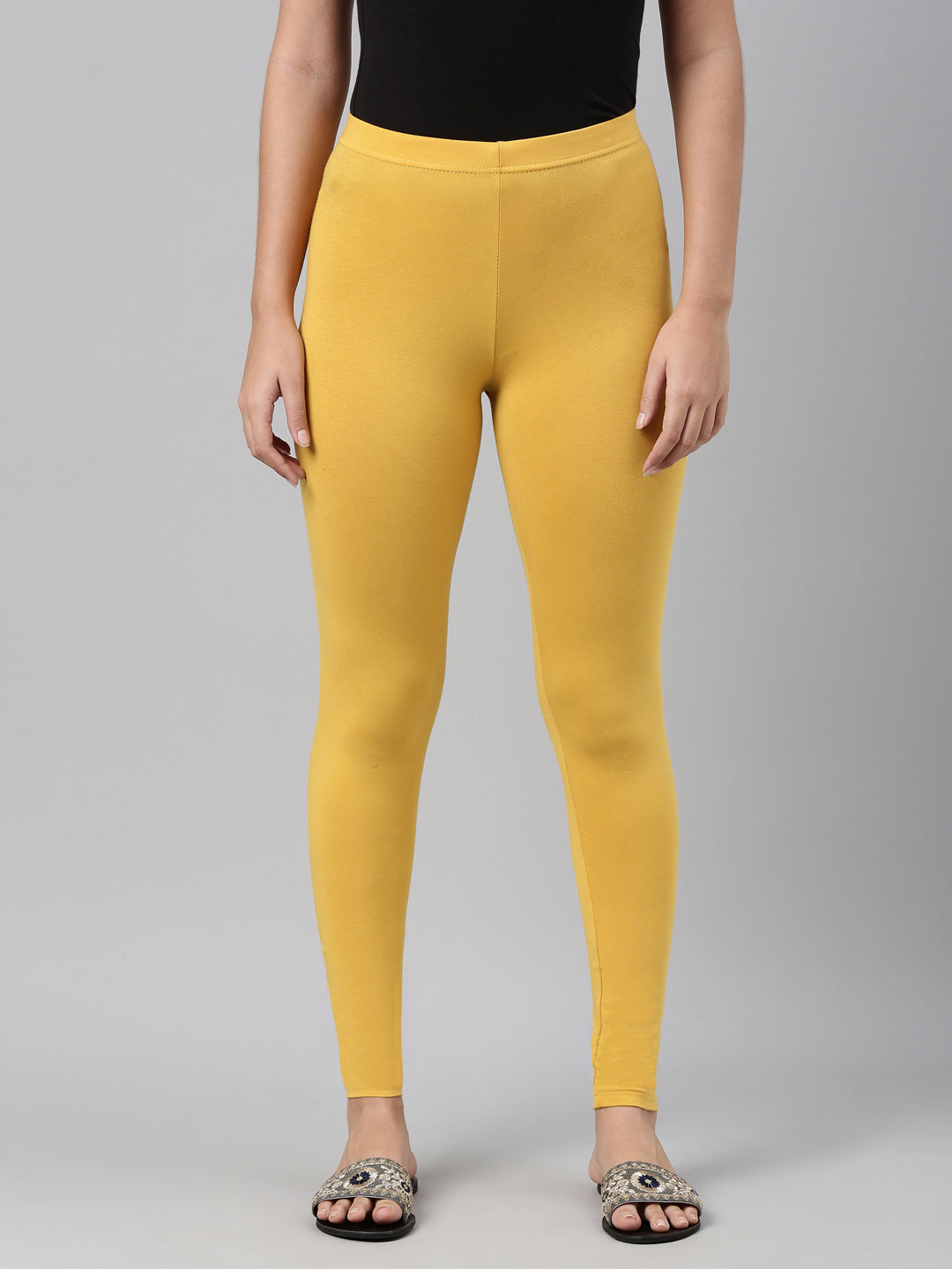 Golden Yellow Cotton Stretch Ankle Length Leggings