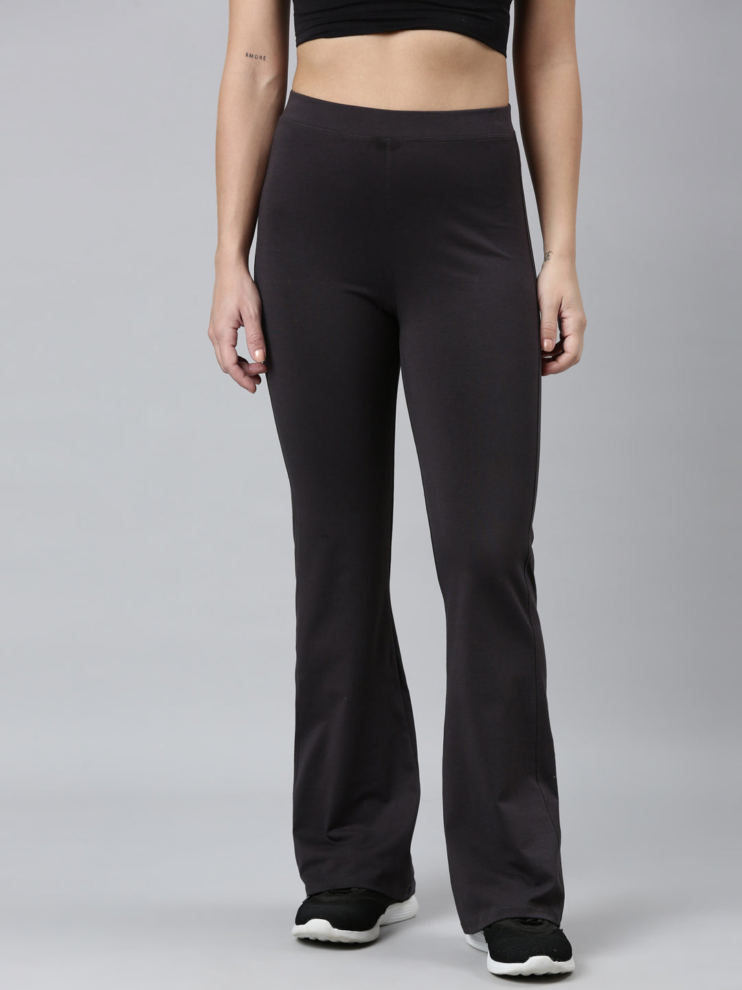 Women Solid Dark Grey High Rise Flare Pants