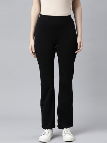 Women Solid Black High Rise Flare Pants