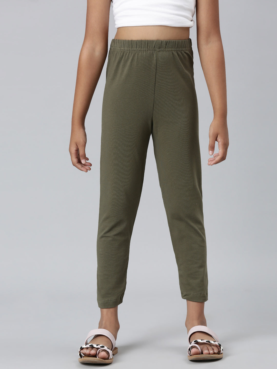 Olive Green Cotton Stretch  Cropped Leggings