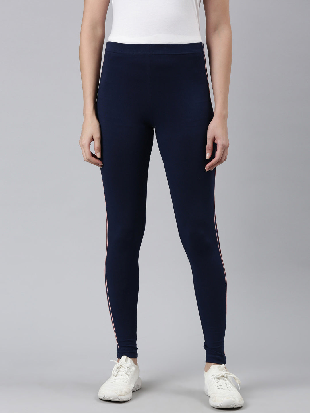 Women Navy Cotton Mid Rise Side Stripe Active Leggings