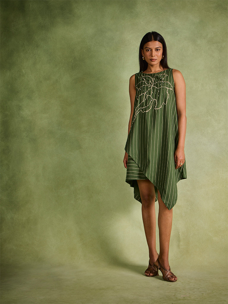 Embellished Asymmetric Dress – Green