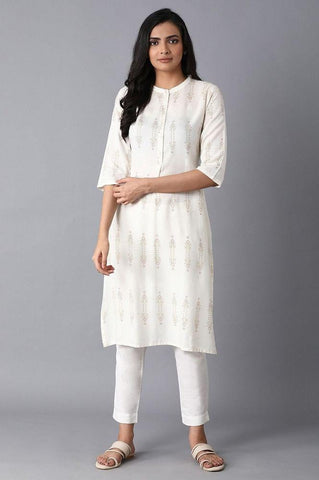 Ecru Printed Straight kurta