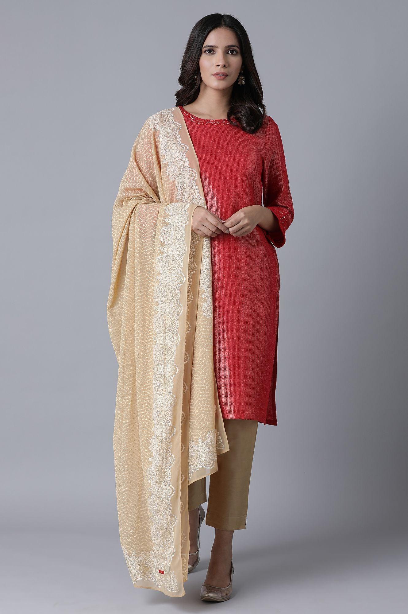 Off-White Zari Dobby Straight Kurta-Slim Pant Set With Dupatta