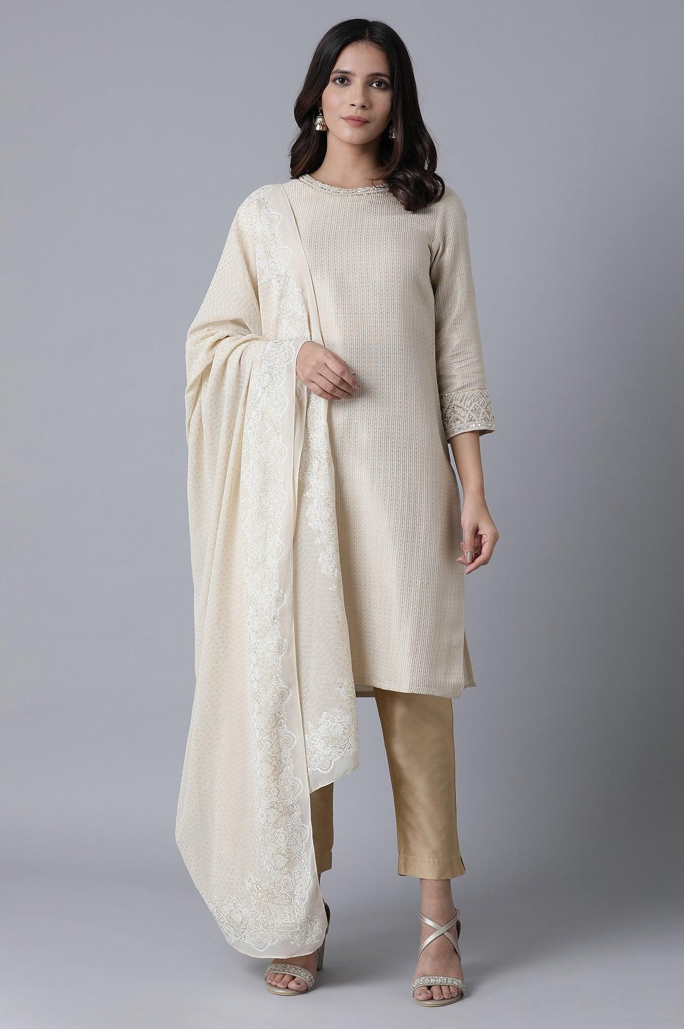 Ecru Straight kurta-Slim Pant Set