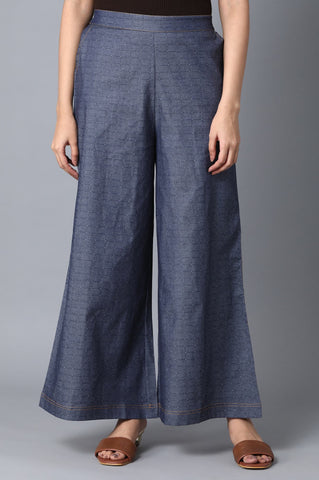 Blue Checkered Flared Cotton Palazzo With Elasticated Waist