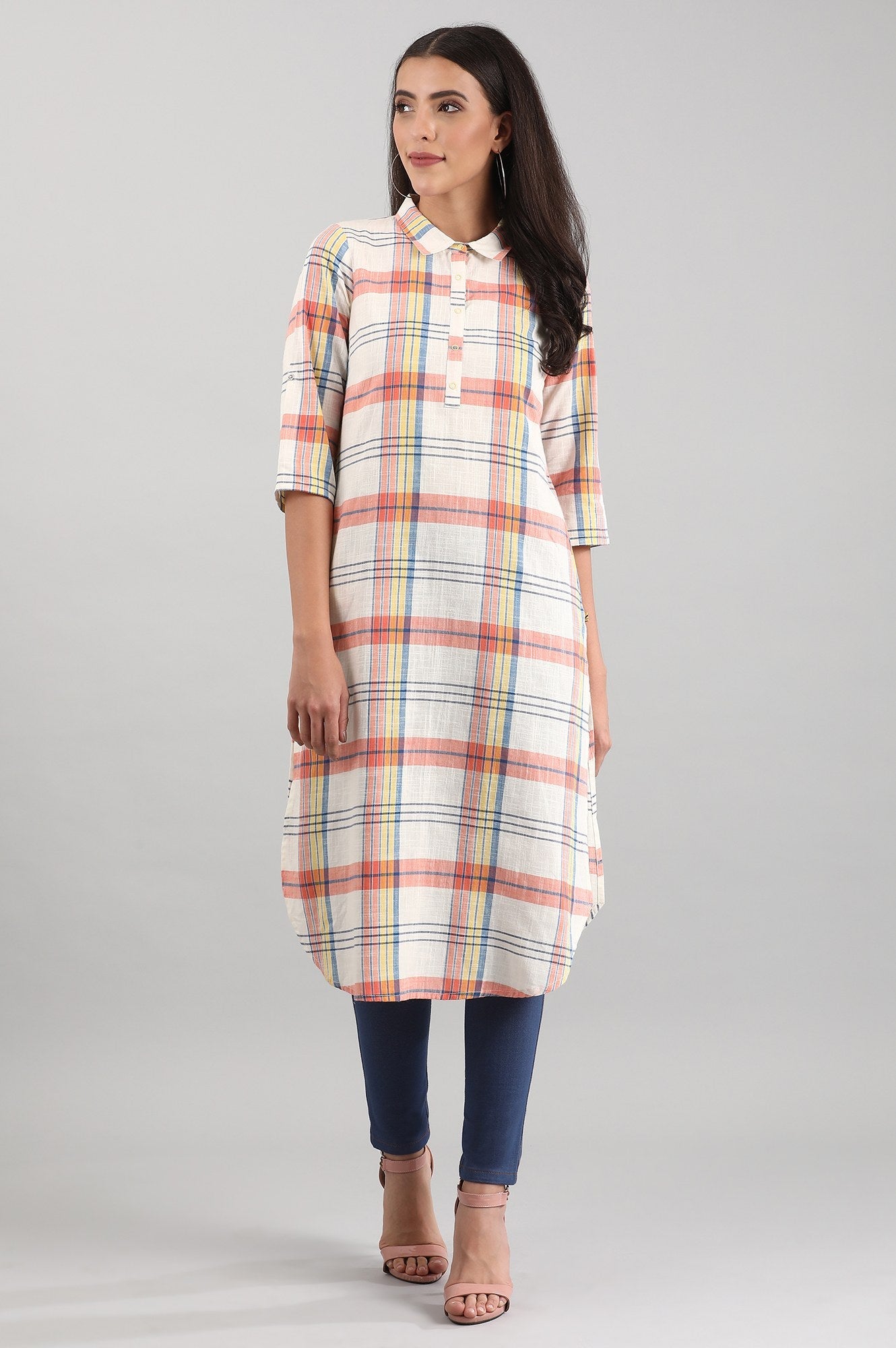 White & Orange Shirt Collar kurta