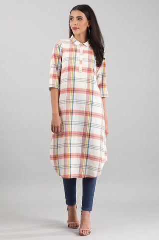 White & Orange Shirt Collar kurta