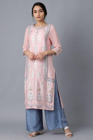 Pink Round Neck Printed kurta