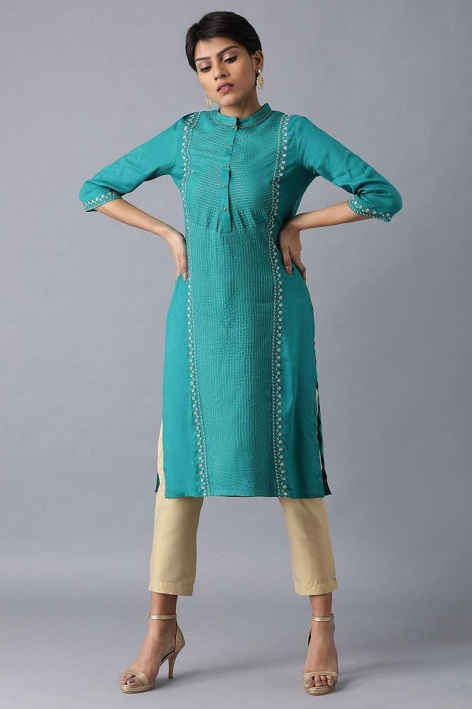 Teal Mandarin Neck Embroidered kurta