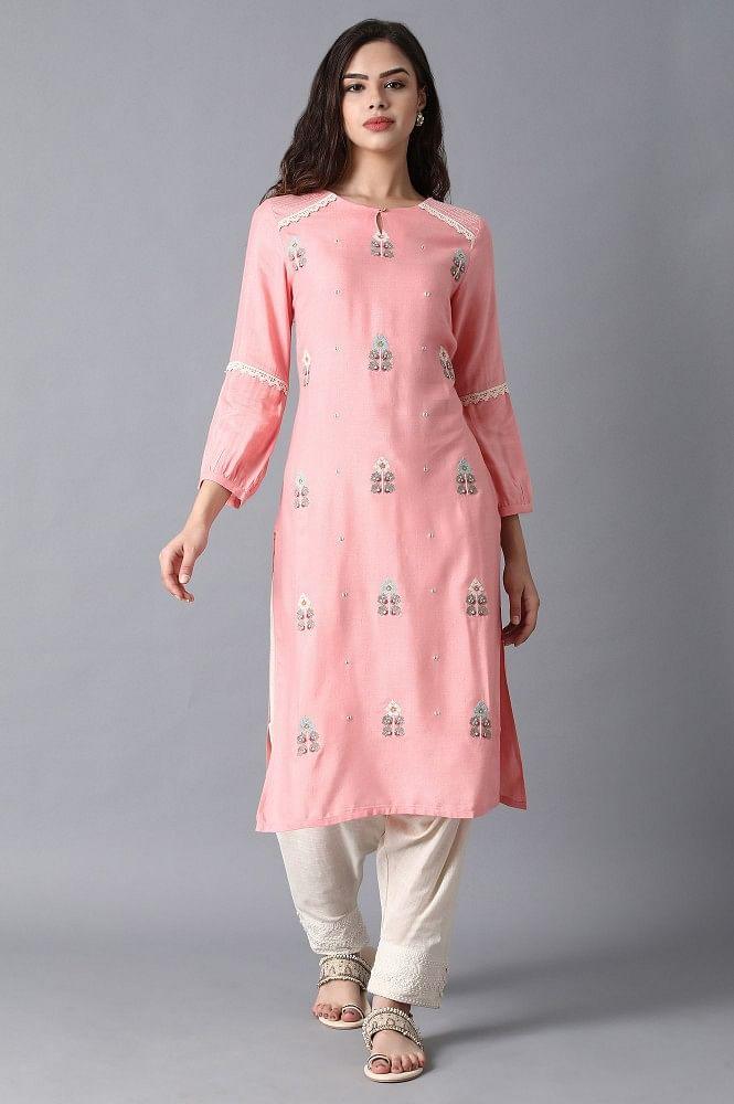 Pink Round Neck Embroidered kurta