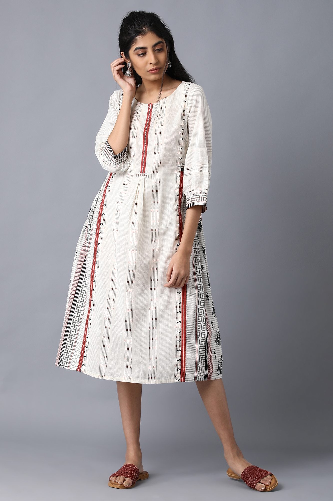 Ecru Boat Neck Printed Dress