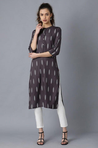 Grey Mandarin Neck Printed kurta