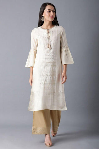 Ecru Round Neck Printed kurta