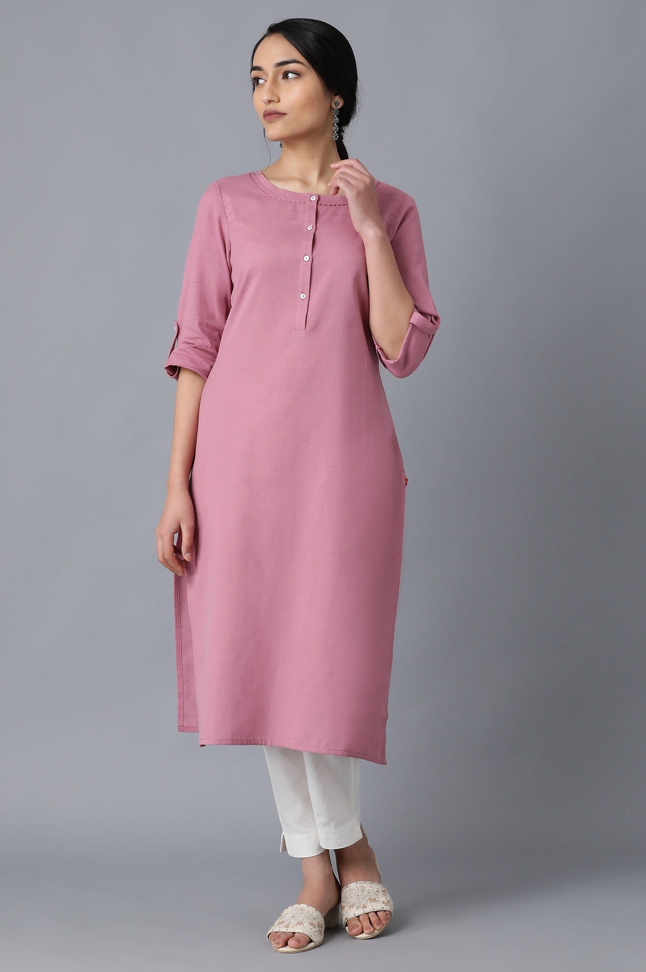 Mauve Round Neck Solid kurta