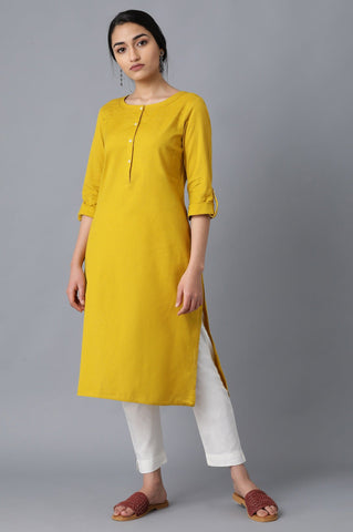 Yellow Round Neck Solid kurta