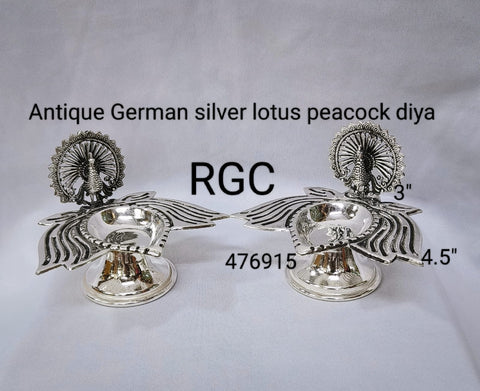 RGC antique German silver Lotus peacock stand diya pair