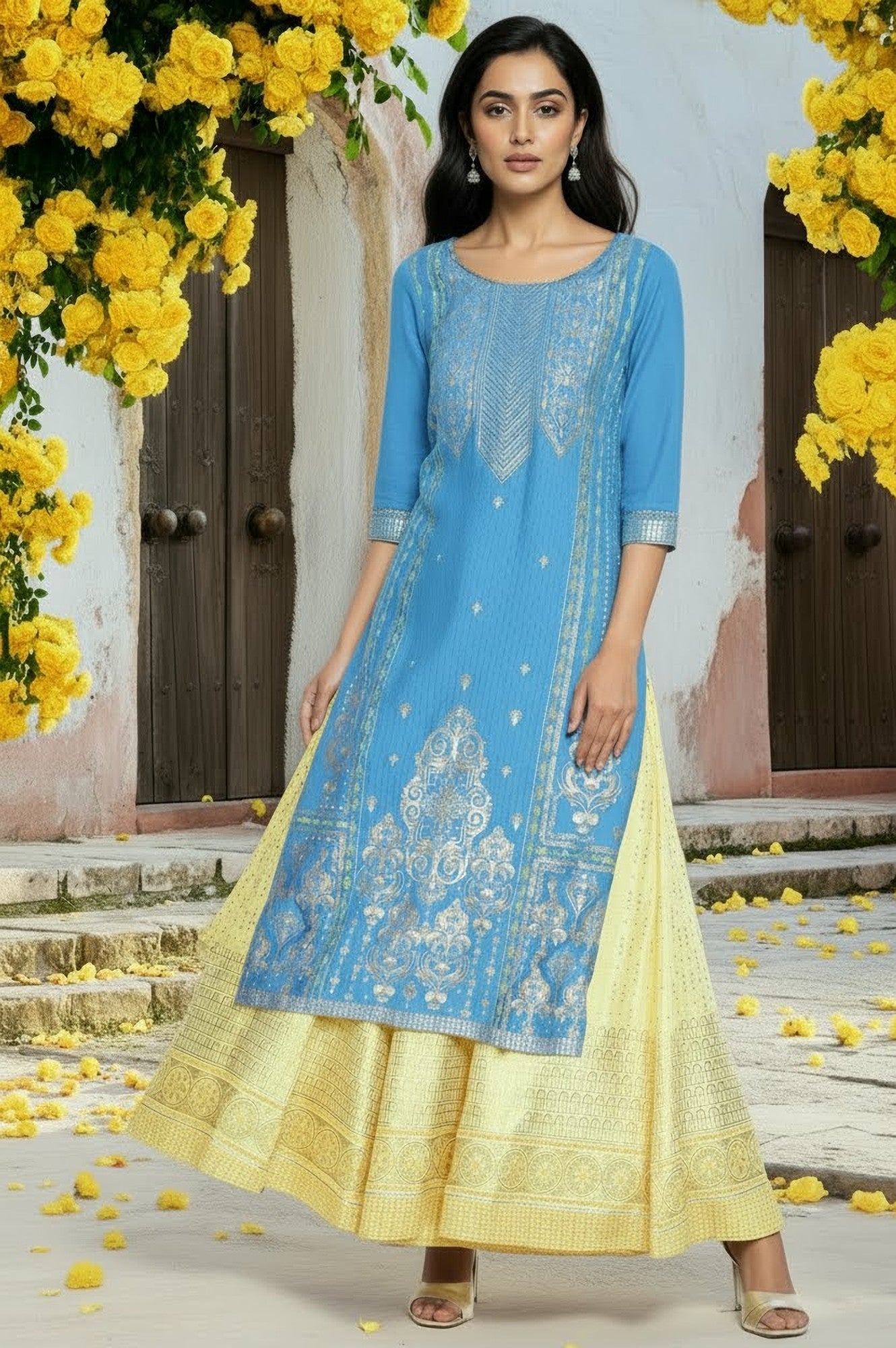 Blue Round Neck Printed Straight kurta