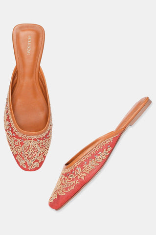 Rust Square Toe Embroidered Flat-Snazish