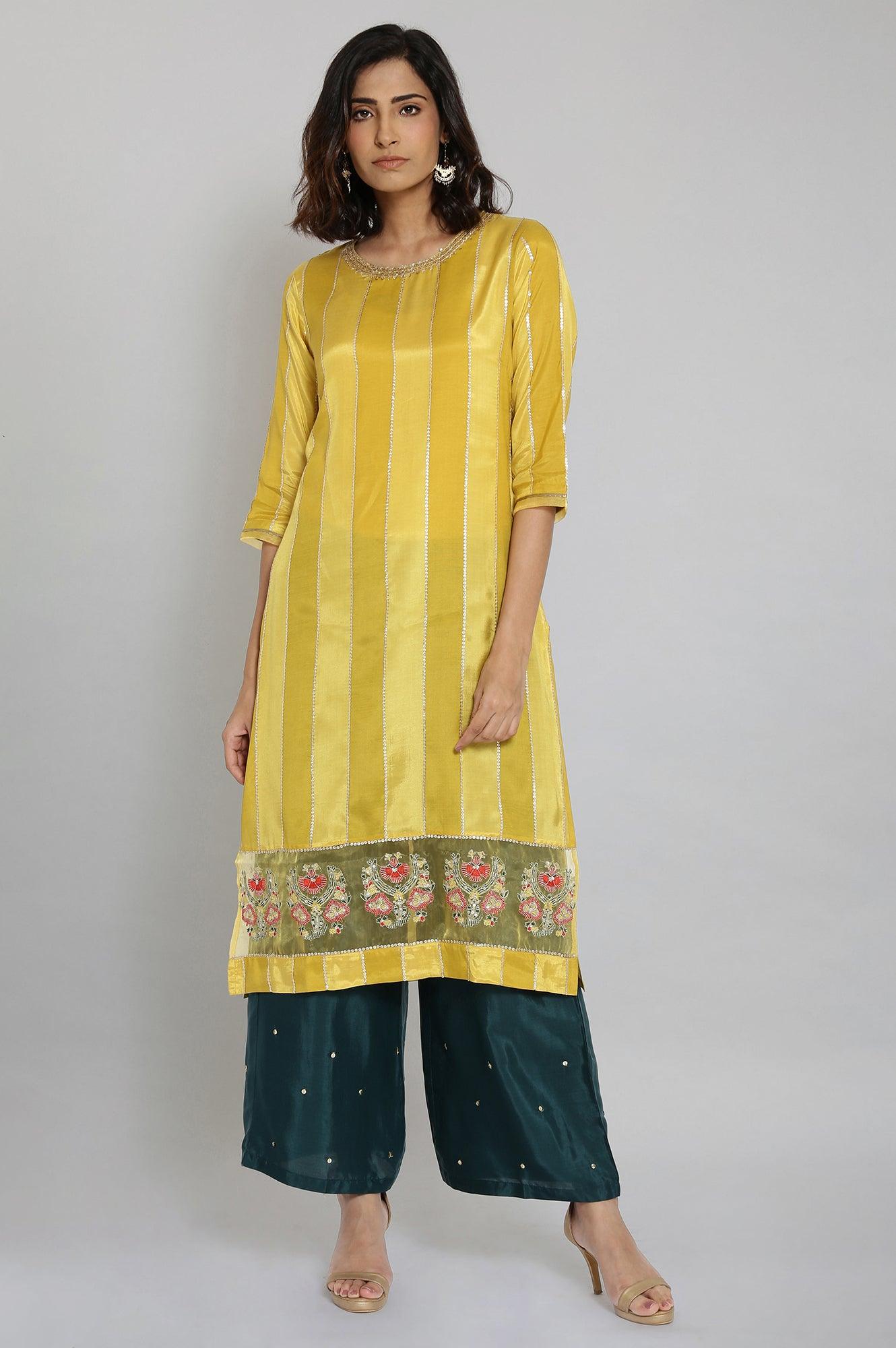 Yellow Embroidered Striped Straight kurta