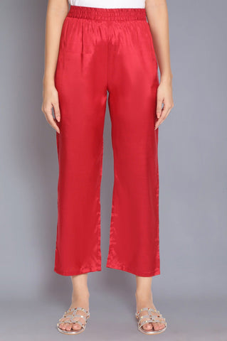 Red Solid Straight Pants