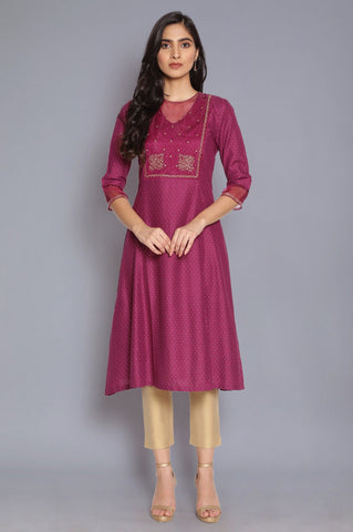 Dark Purple A-line Embroidered kurta