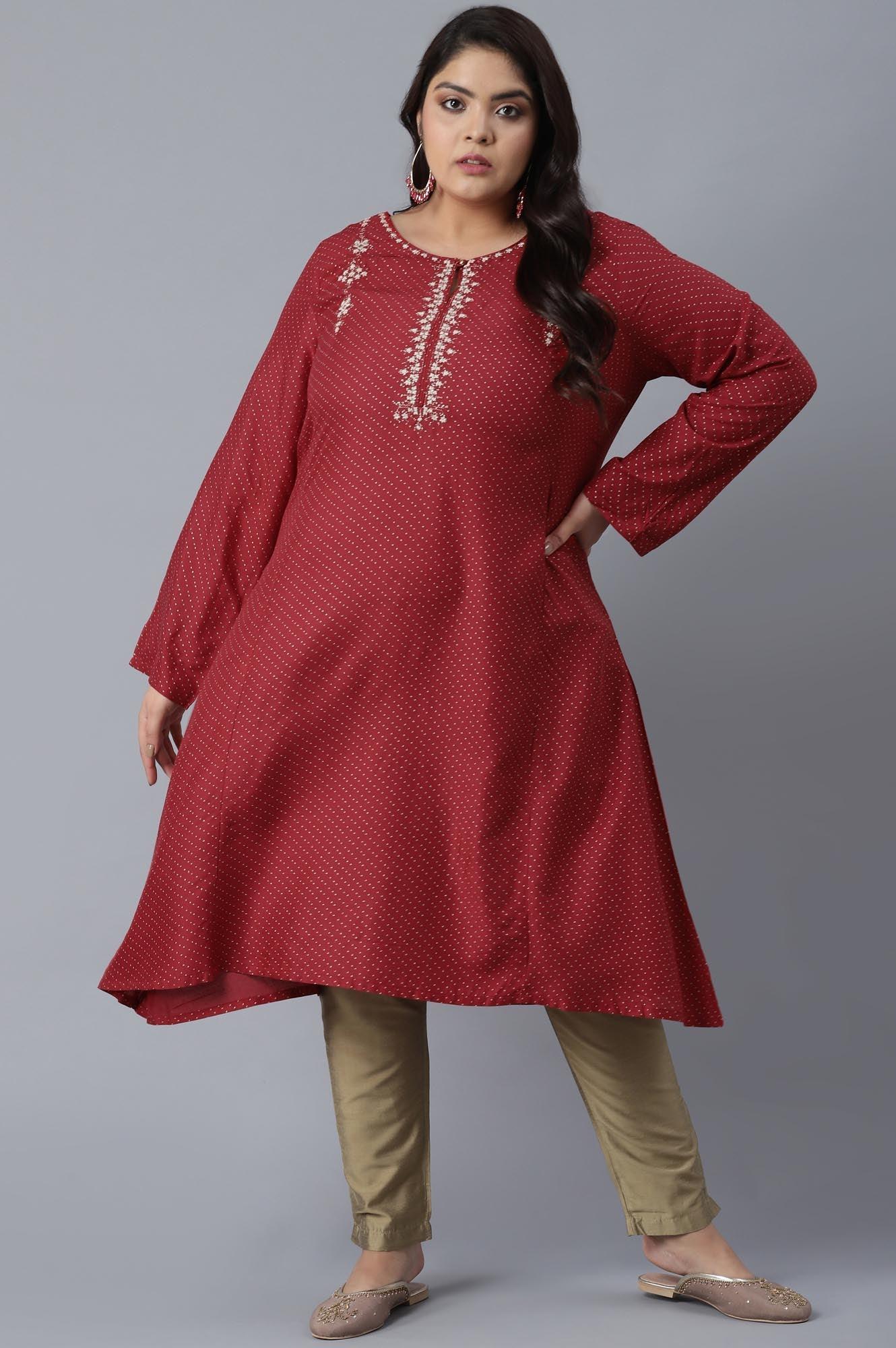 Scarlet Red Polka Dots Print Flared kurta