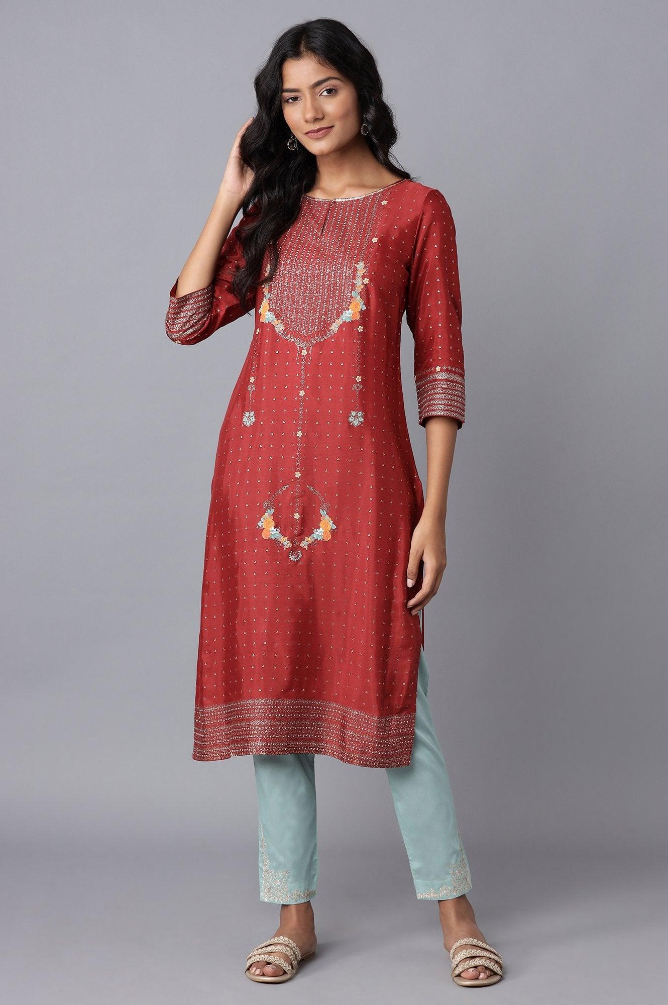 Rust Red Floral Print kurta