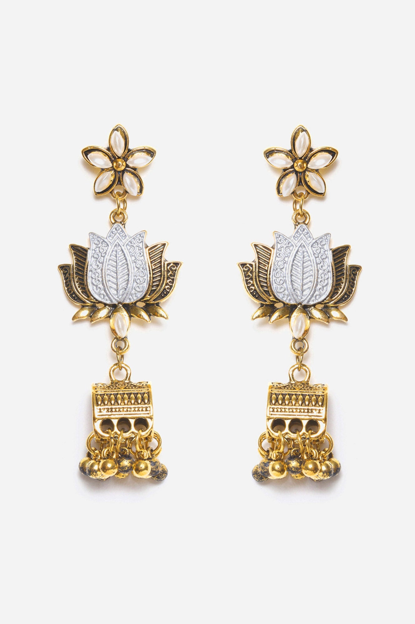 Gold Oxidised Lotus Motif Jhumki Danglers