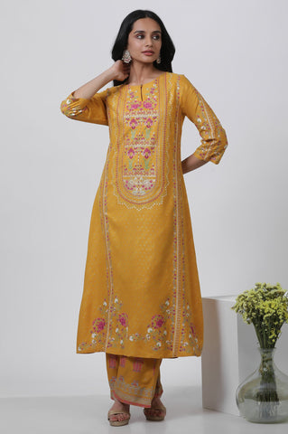 Yellow A-Line Printed Kurta And Parallel Pants Set