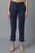 Navy Blue Solid Straight Fit Cotton Pants With Elasticated Waistband
