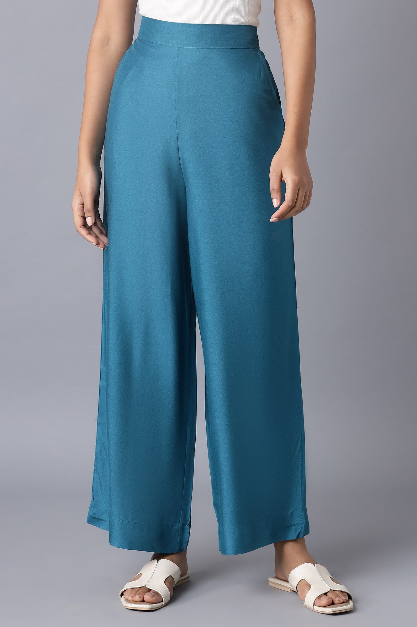 Blue Solid Wide Leg Tencel Palazzo With Elasticated Waist