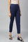 Navy Blue Solid Flared Cotton Pants With Elasticated Waist