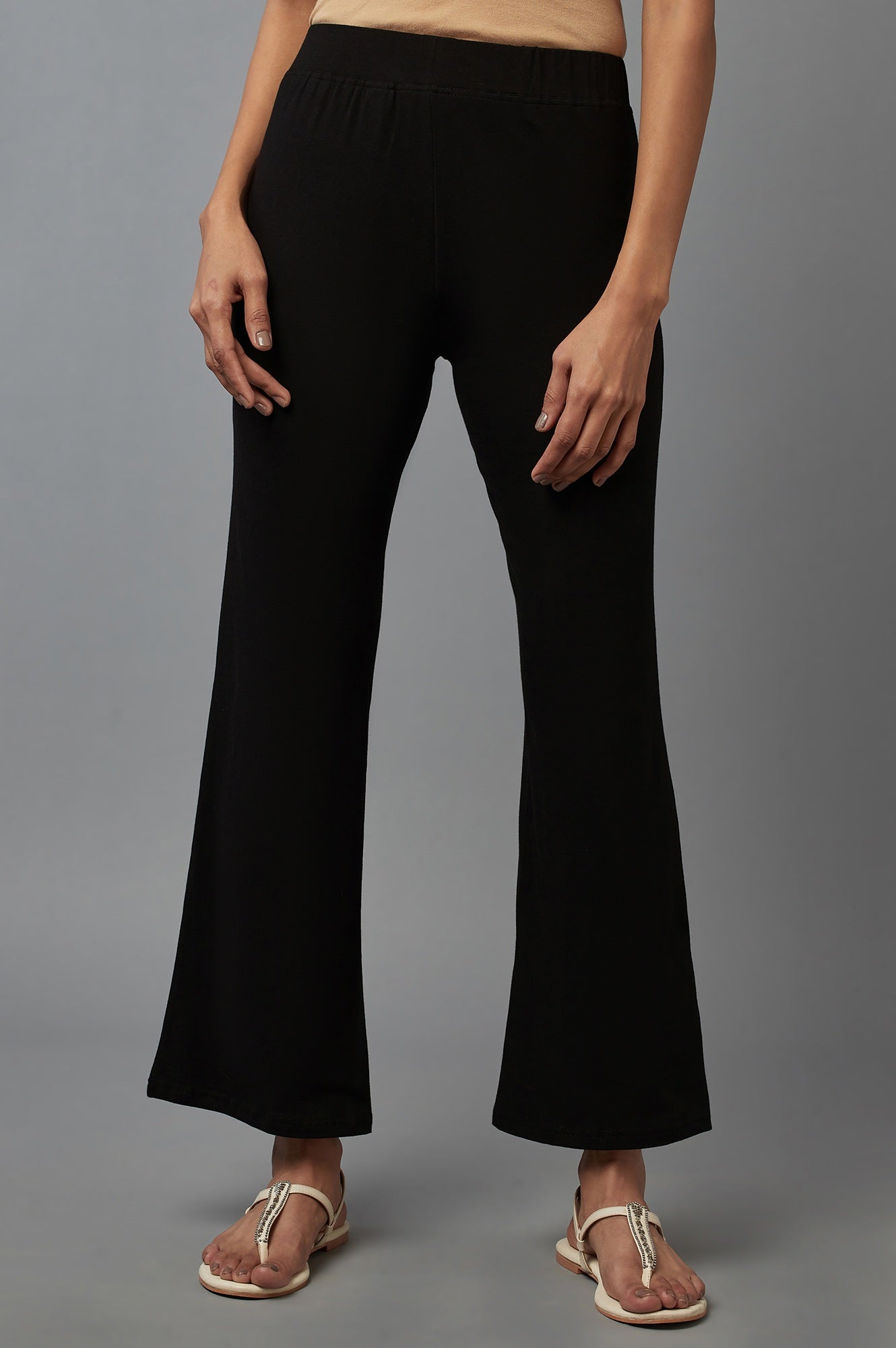 Black Solid Flared Cotton Pants With Slip On Closure