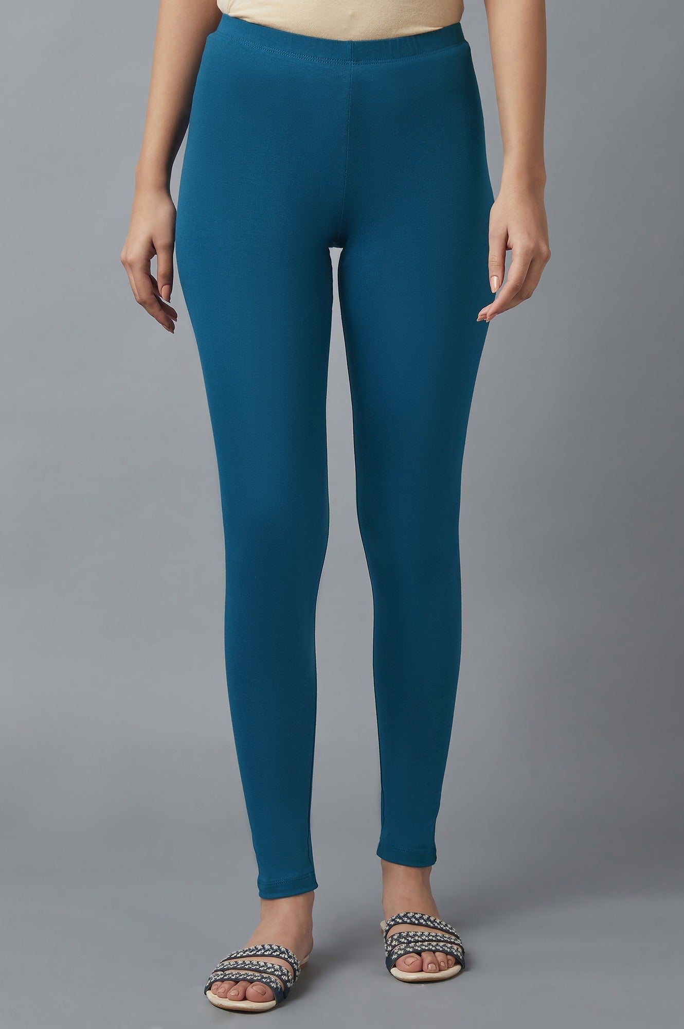 Blue Solid Skinny Fit Cotton Tights With Elasticated Waist