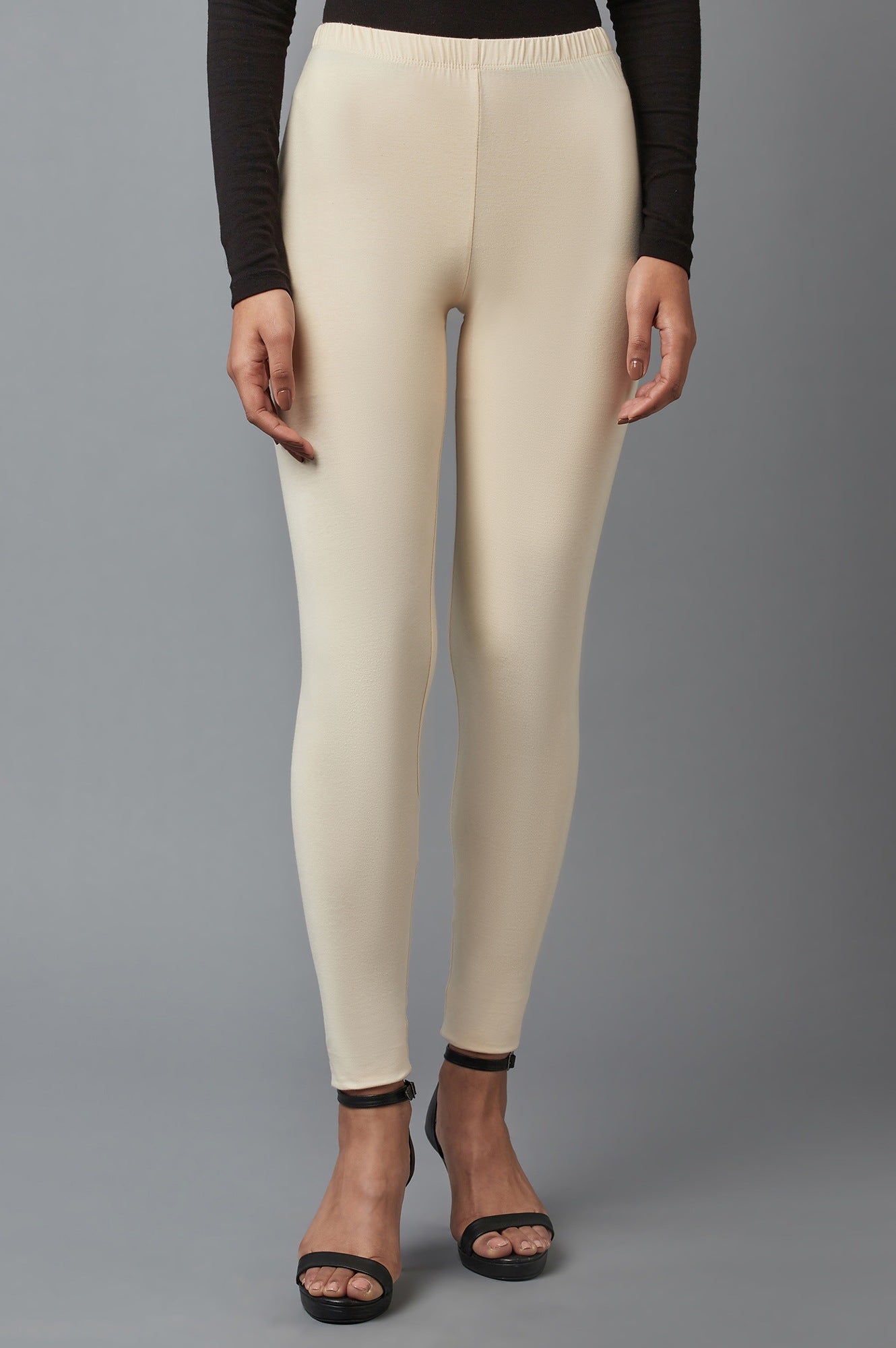 Beige Solid Skinny Fit Cotton Tights With Elasticated Waistband