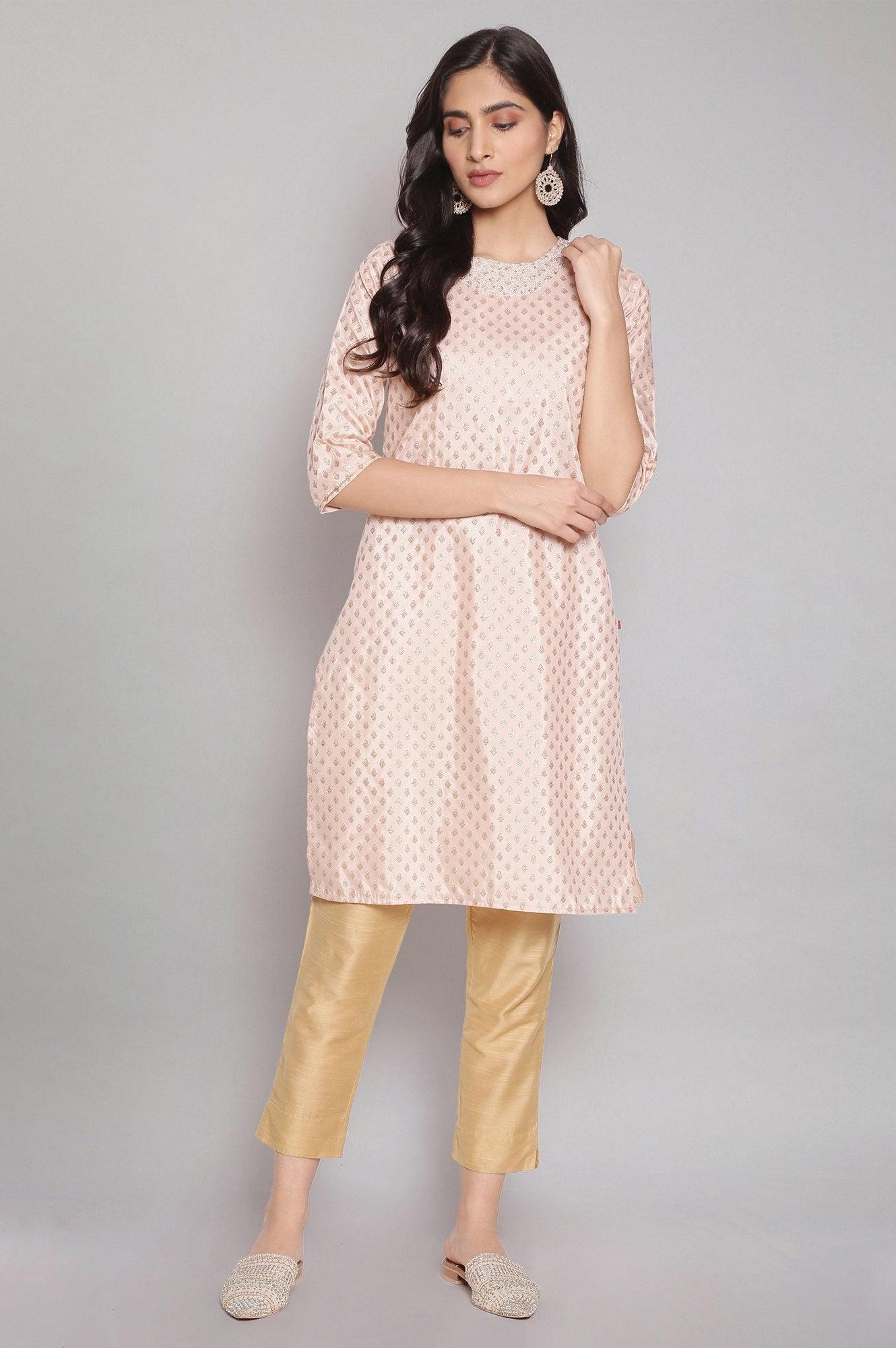 Light Pink Festive Round Neck kurta with Dori Embroidery