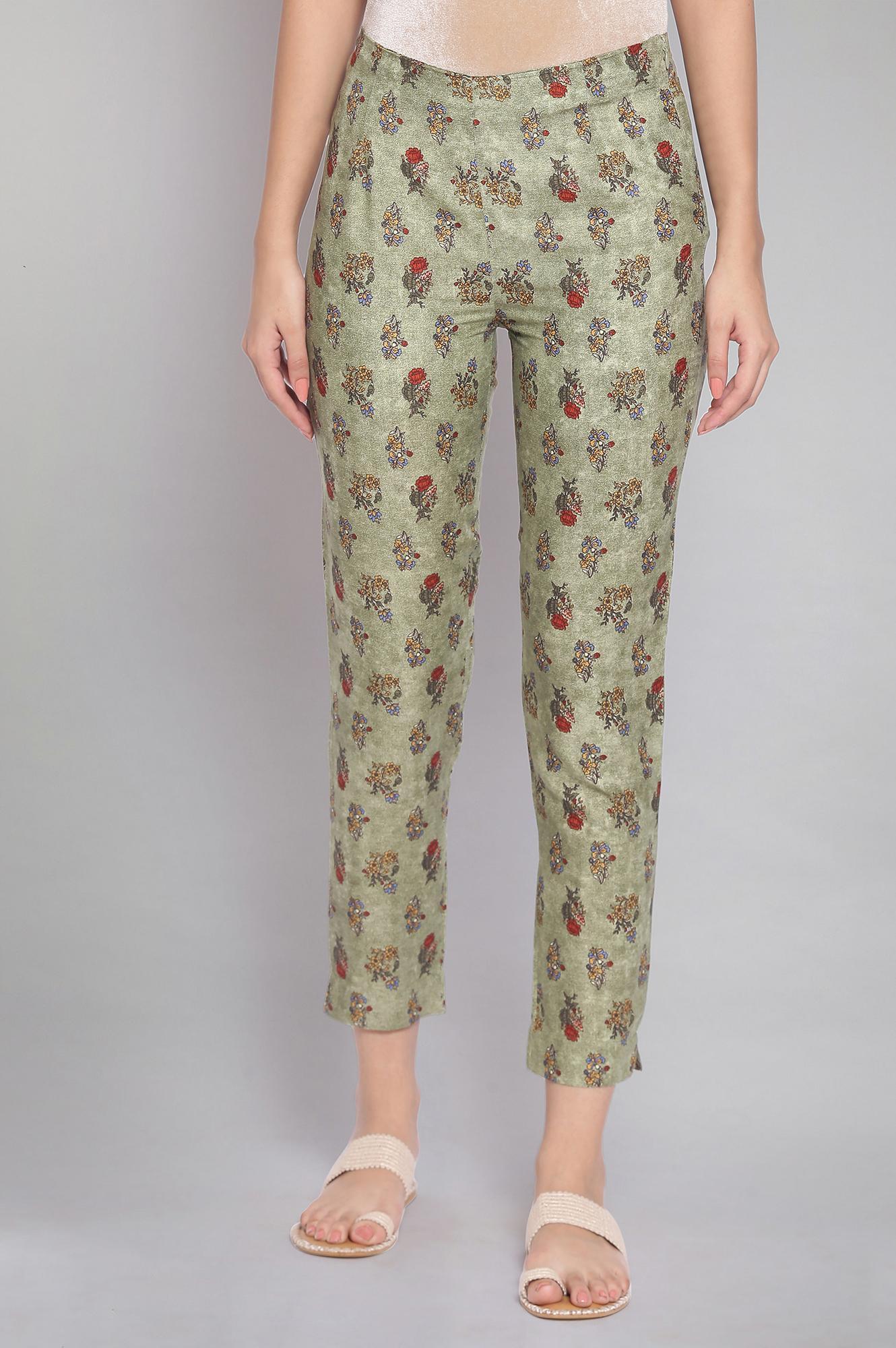 Smoked Green Floral Print Slim Pants