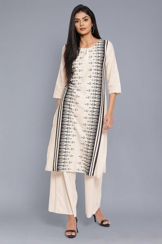 Beige Geometric Print kurta-Parallel Pants