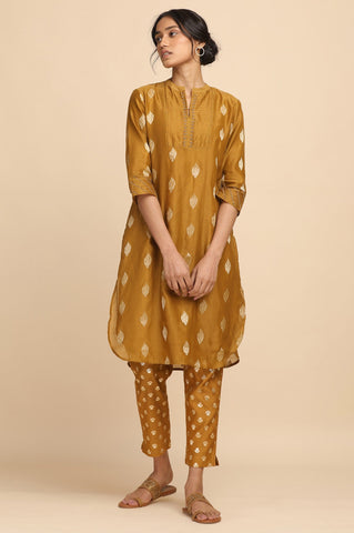 Mustard Cotton Silk Jacquard kurta
