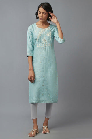 Light Blue Floral Print kurta in Round Neck with Dori Embroidery