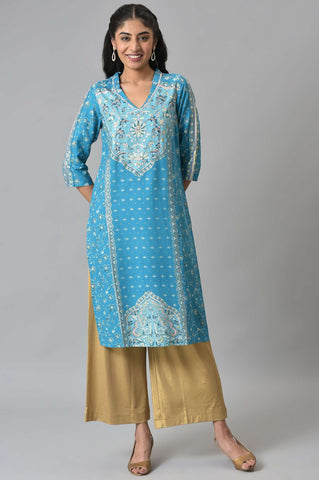 Blue Floral Print Ethnic LIVA kurta with Handwork