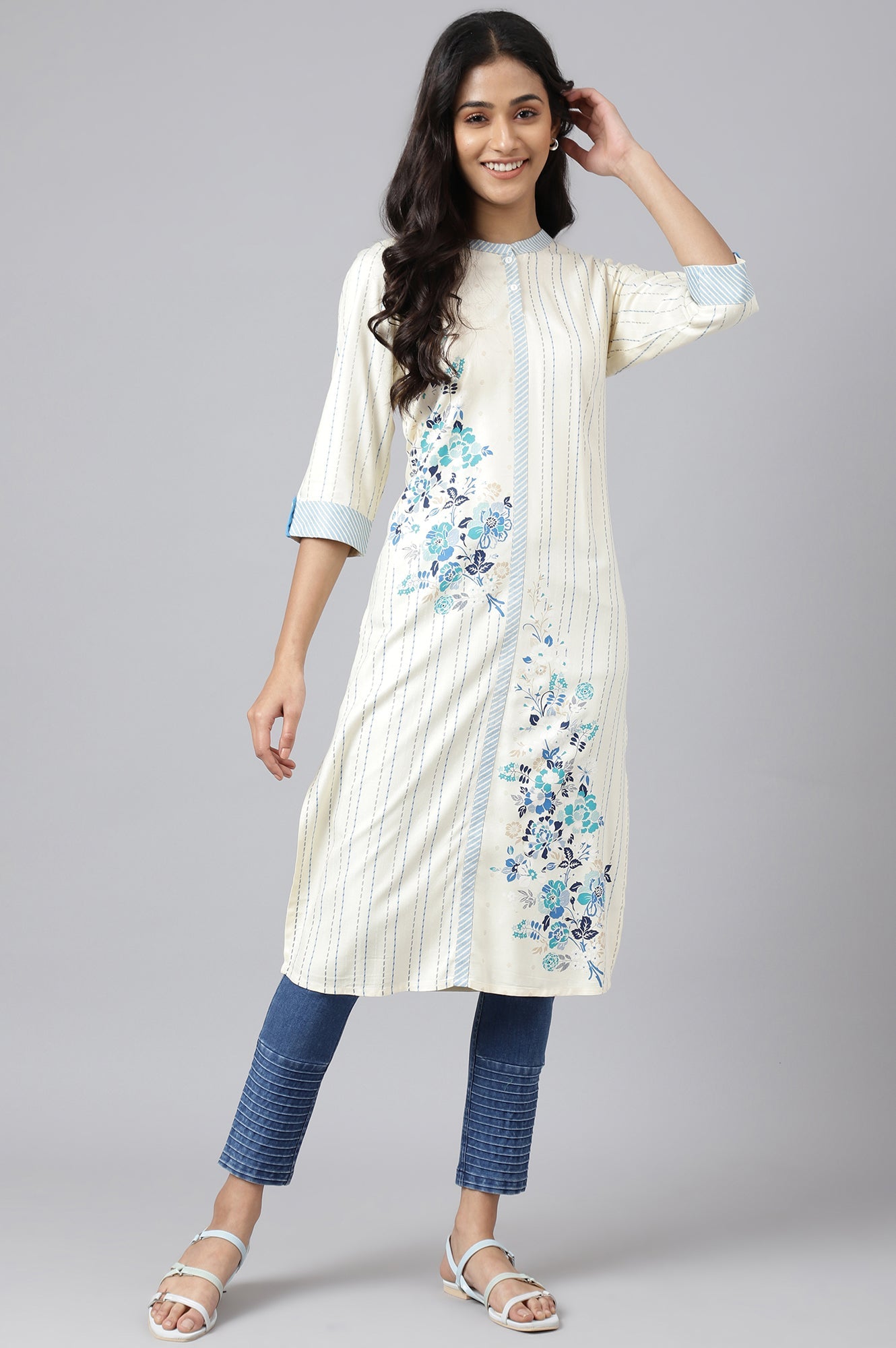 Beige Placement Print kurta