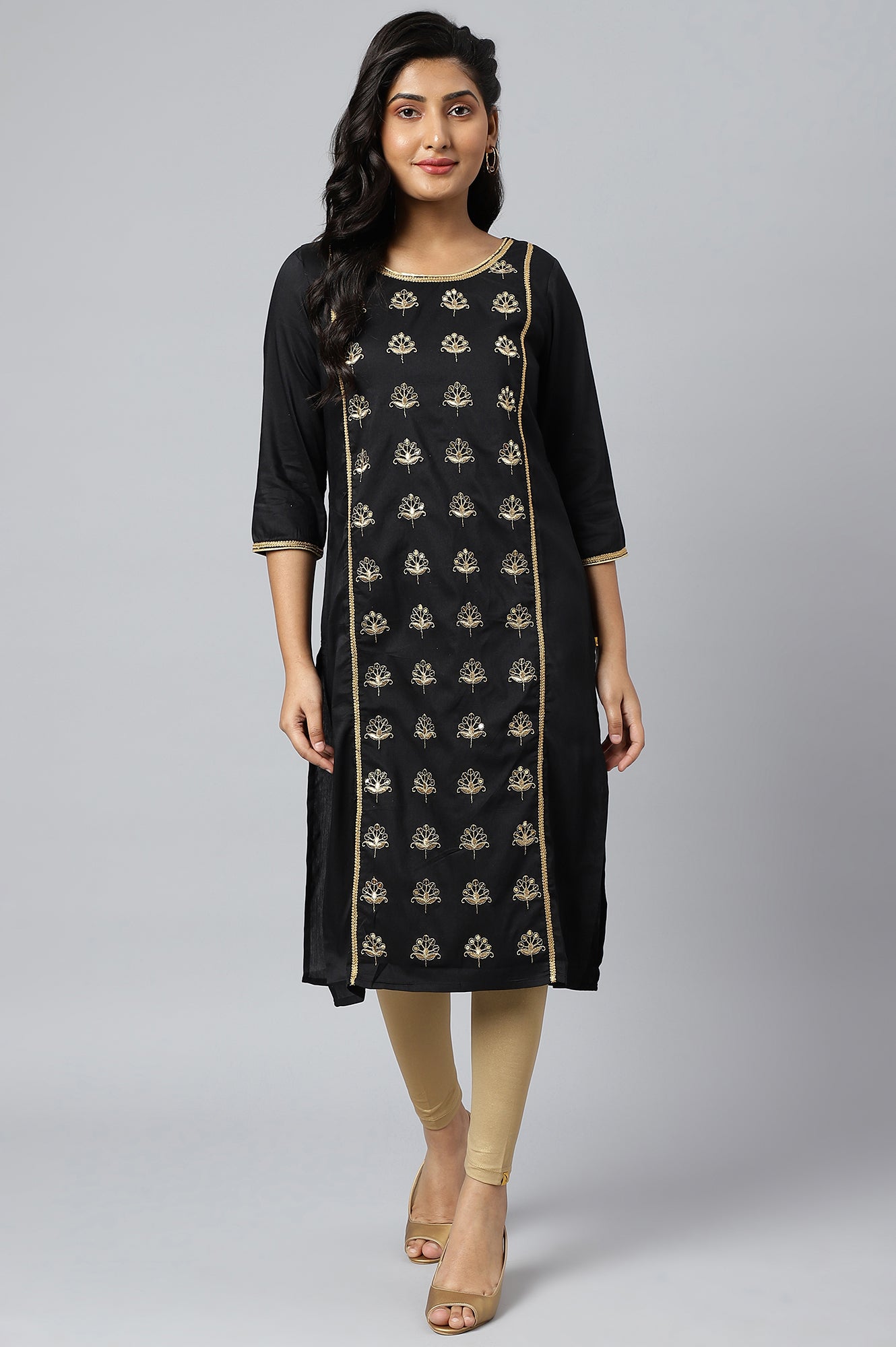 Black Zari Embroidered Ethnic Liva Kurta