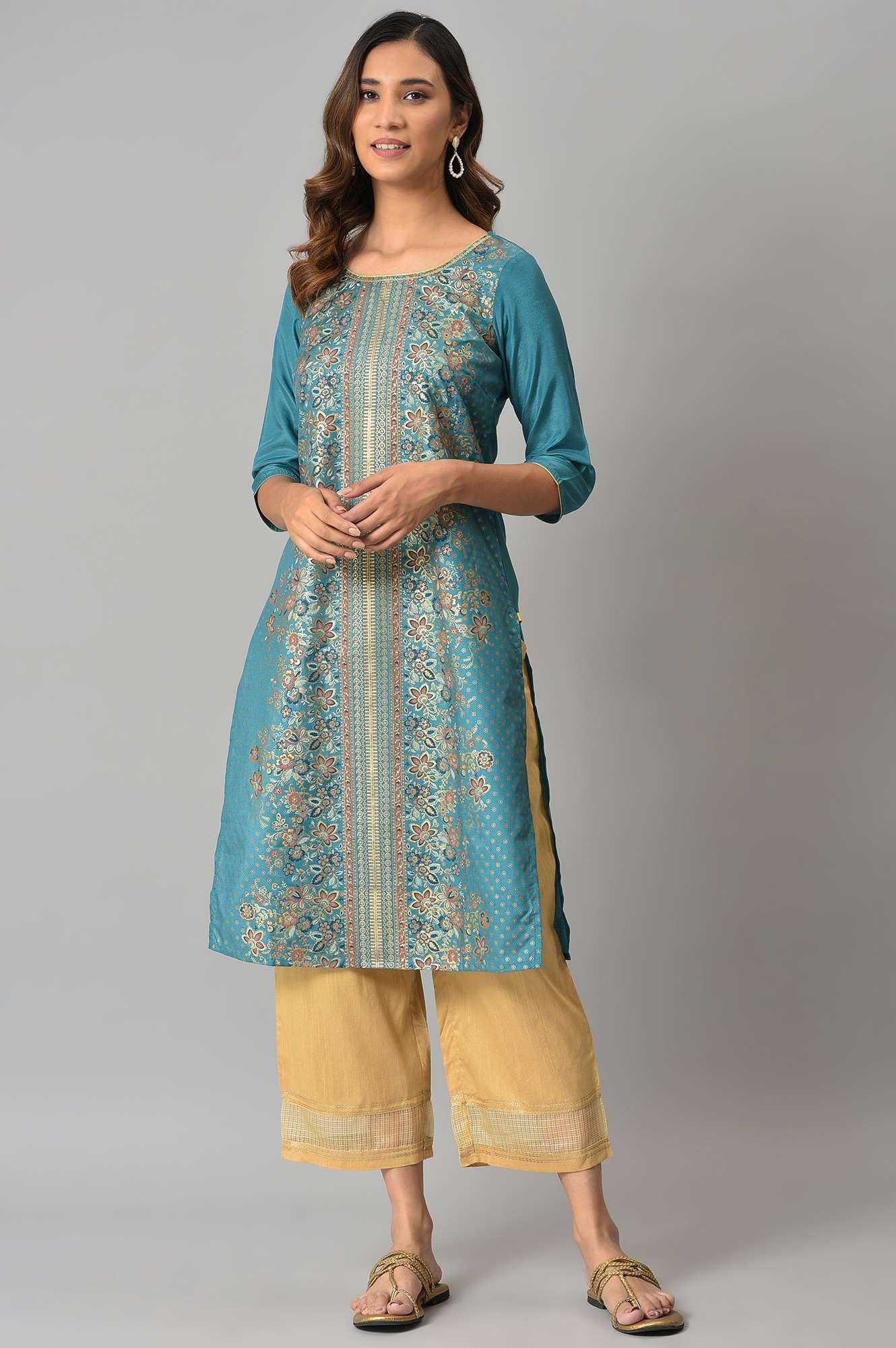 Blue Stripe Cotton Plus Size kurta with Side Buckle